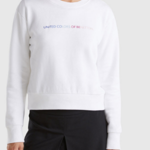 White cotton sweatshirt with text printed on front