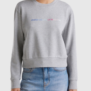 Gray cotton sweatshirt with text printed on front